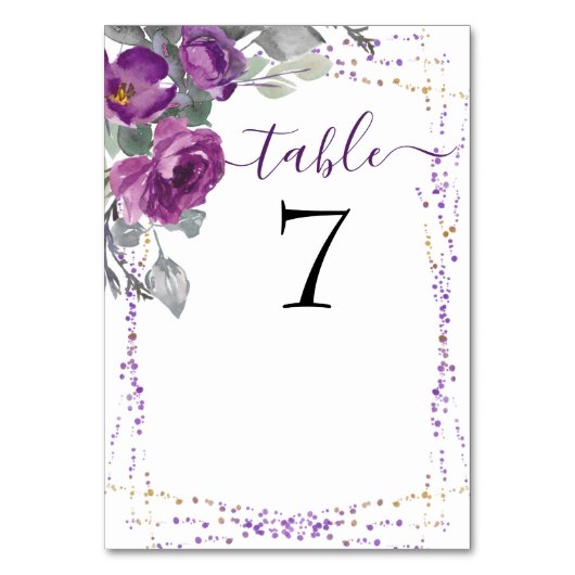 Lila Blumenzettel und elegante Script-Hochzeit Tischnummer (Rückseite)