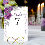 Lila Blumenzettel und elegante Script-Hochzeit Tischnummer<br><div class="desc">Schöne lila blumengeschmückte Tischnummer mit Bouquets von Aquarell-Rose und Blume. Das Design besticht durch elegante handgeschriebene Schrift, hübsche lila und magentafarbene Blumenarrangements, graugrüne Blätter und Blattwerk sowie einen Hauch von lila und goldenen Konfetti. Bitte stöbern Sie in meiner Sammlung Lila Plush-Blütenpflanzen für passende Artikel oder schreiben Sie mir, um zusätzliche...</div>