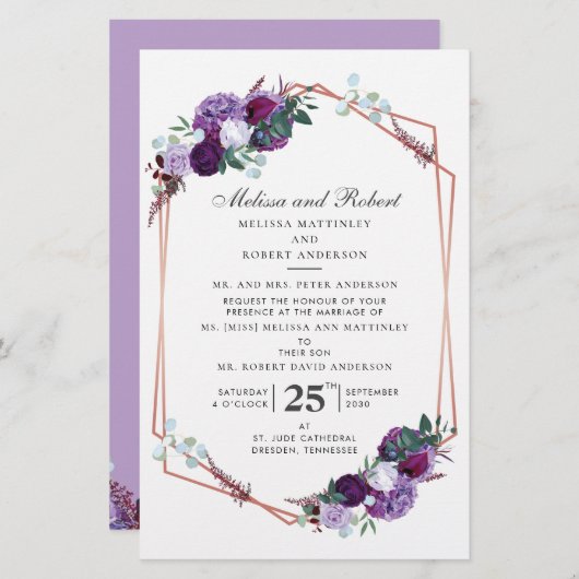 Lila Blumenzwiebeleien mit goldener geometrischer  Briefpapier (Vorne/Hinten)