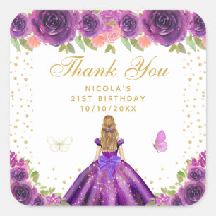 Lila Blumige Blonde Haar Prinzessin Geburtstagsfei Quadratischer Aufkleber