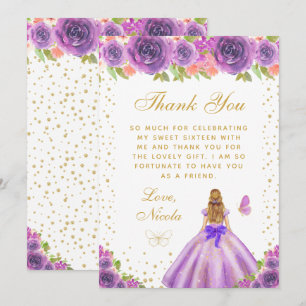 Lila Blumige Blondhaarige Prinzessin Sweet Sixteen Dankeskarte