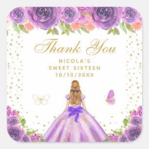 Lila Blumige Blondhaarige Prinzessin Sweet Sixteen Quadratischer Aufkleber