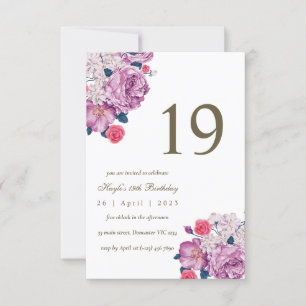 Lila Blumige Botanische Einfache Chic 19. Geburtst Einladung