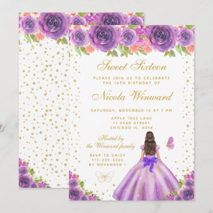 Lila Blumige Braunhaarige Prinzessin Sweet Sixteen Einladung
