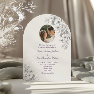 Lila Blumige Foto Bogenförmige Hochzeit Einladung