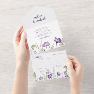 Lila Blumige Hochzeits-Einladung mit RSVP-Anhang All In One Einladung