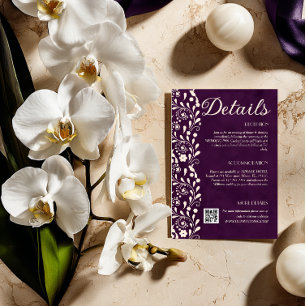 Lila Blumige Hochzeitsdetails QR-Code Begleitkarte