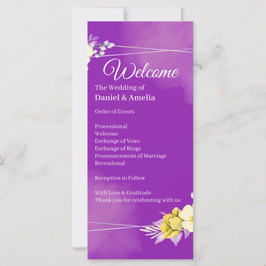 Lila Blumige Hochzeitsprogramm (Vorderseite)