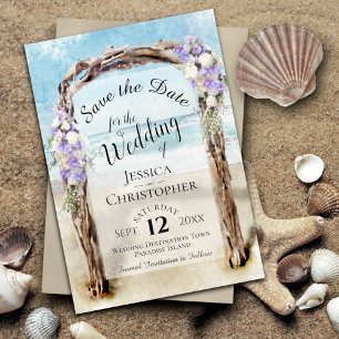 Lila Blumige Rustikale Treibholz-Strand-Laube Hoch Save The Date