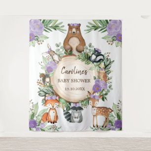 Lila Blumige Waldtiere Baby Shower Begrüßung Wandteppich