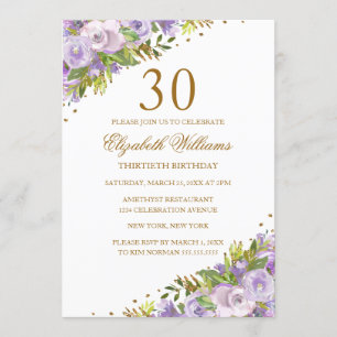 Lila Blumige Wasserfarbe Gold 30. Geburtstag Einladung