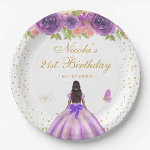 Lila Blumiger Geburtstag der Prinzessin mit dunkle Pappteller