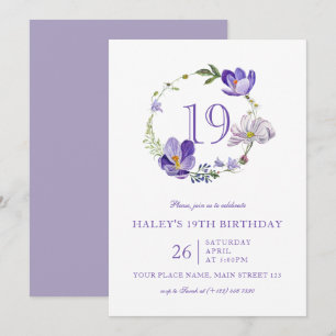 Lila Blumiges Wildblumen Vintage 19. Geburtstag Einladung