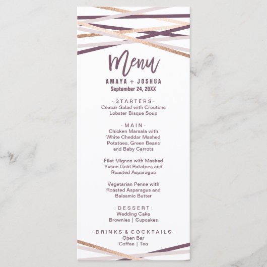Lila Blush and Rose Gold Streamer Menükarte (Vorderseite)