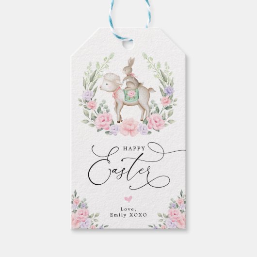 Lila Blush Floral Lamm Bunny Rabbit Happy Osterfei Geschenkanhänger (Vorderseite)