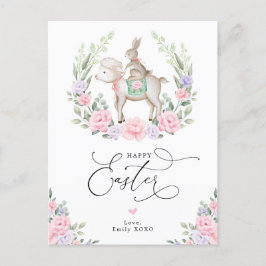 Lila Blush Floral Lamm Bunny Rabbit Happy Osterfei Postkarte