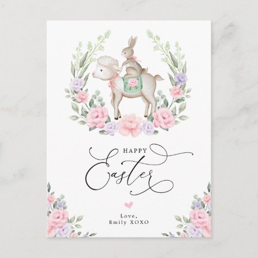 Lila Blush Floral Lamm Bunny Rabbit Happy Osterfei Postkarte (Vorderseite)