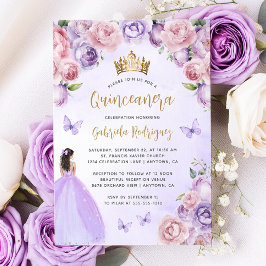 Lila Blush Gold Floral Aquarell Quinceñera Einladung