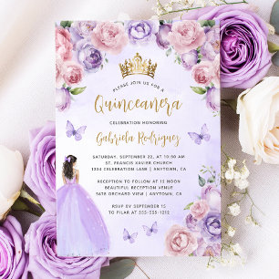 Lila Blush Gold Floral Aquarell Quinceñera Einladung