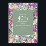 Lila Blush Pink Bläsersatz Grün 40. Geburtstag Einladung<br><div class="desc">Schöne und elegante lila und rot rosa Aquarell Blüten und schlaue grüne Blätter 40. Geburtstag Party Einladung für Frauen. Kontaktieren Sie uns für Hilfe bei der Anpassung oder der Anpassung von Produkten.</div>