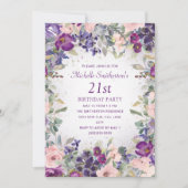 Lila Blush Pink Blumenfoliage 21. Geburtstag Einladung (Vorderseite)