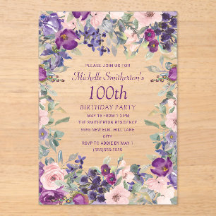 Lila Blush Pink Floral 100. Geburtstag Acryleinladungen