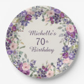 Lila Blush Pink Floral Blätter 70. Geburtstag Pappteller (Vorderseite)