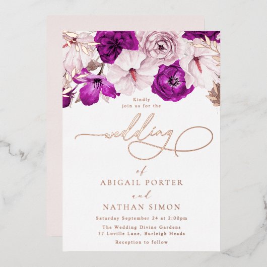 Lila Blush & Rose Folieneinladung (Vorderseite/Rückseite)