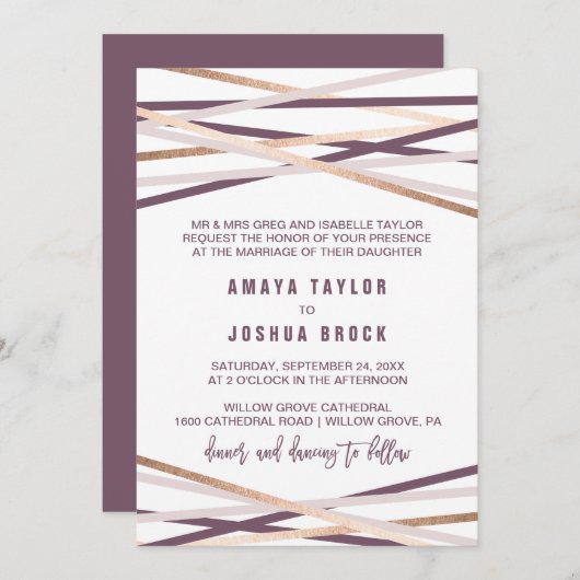 Lila Blush & Rose Gold Streamers feierliche Hochze Einladung (Vorne/Hinten)