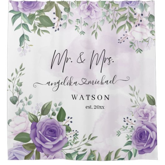 Lila Blush Rose Mr. and Mrs. Modern Script Duschvorhang (Vorderseite)