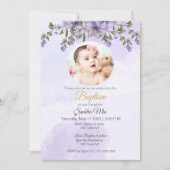 Lila Blüte mit Foto Taufe Einladung (Vorderseite)