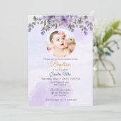 Lila Blüte mit Foto Taufe Einladung (Stehend Vorderseite)