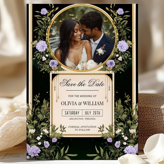 Lila Blüte Save the Date mit Foto Einladung