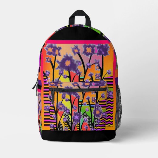 Lila Blüten Collage Travel School Wandern Bedruckter Rucksack (Vorderseite)