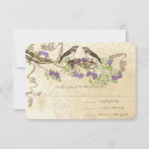 Lila Blüten Grüne Blätter Vintage Vogel Hochzeit R RSVP Karte