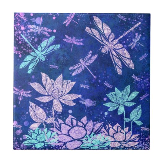 Lila Blüten Libelle Keramik Tile Fliese (Vorderseite)