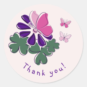 Lila-Blüten-Rosa-Schmetterling-Doodle Danke! Runder Aufkleber