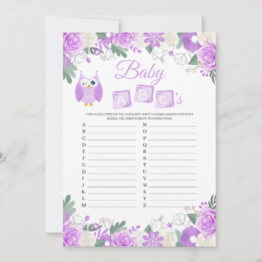 Lila Blütenbaby-Dusche ABCs Game-Card Einladung (Vorderseite)