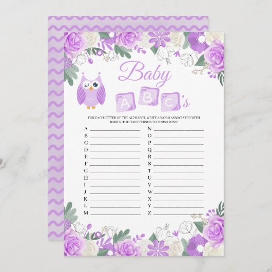 Lila Blütenbaby-Dusche ABCs Game-Card Einladung (Vorne/Hinten)