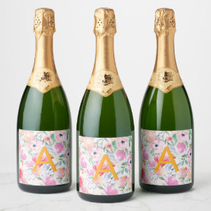 Lila Blütenblätter Monogramm Geburtstagsparty Schaumweinetikett
