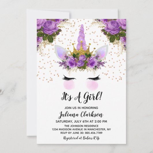 Lila Blütendusche Einladung (Vorderseite)