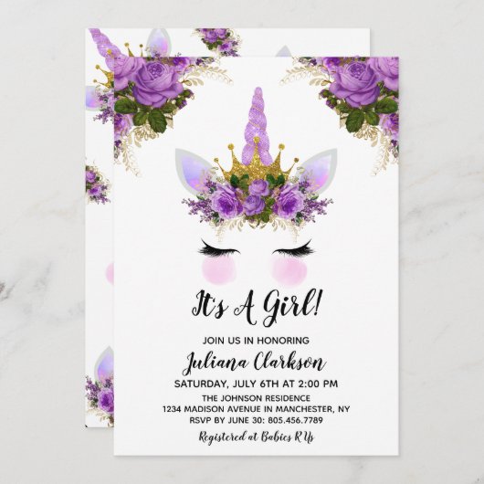 Lila Blütendusche Einladung (Vorne/Hinten)