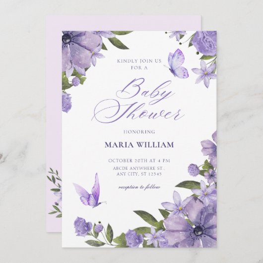 Lila Blütendusche Einladung (Vorne/Hinten)