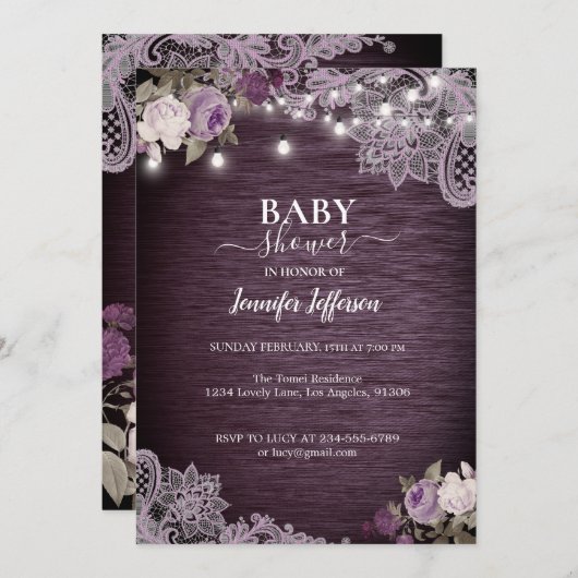 Lila Blütendusche Rustikale Babydusche Einladung (Vorne/Hinten)