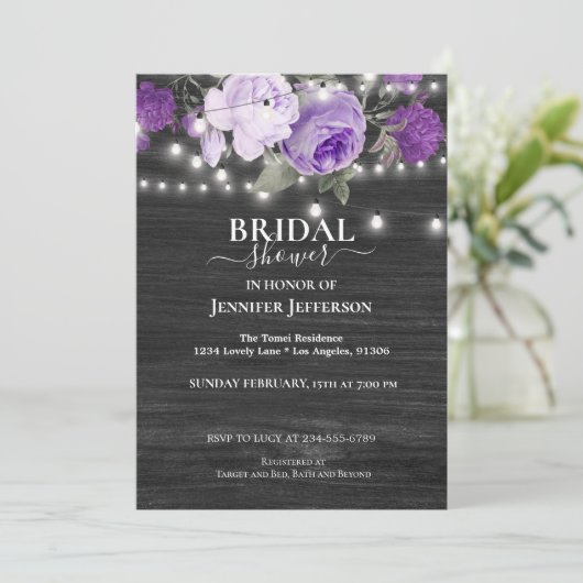 Lila Blütendusche Rustikale Brautdusche Einladung (Stehend Vorderseite)