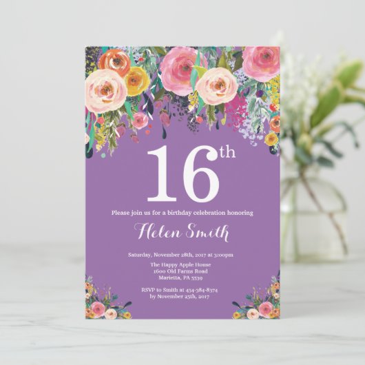 Lila Blüteneinladung zum 16. Geburtstag Einladung (Stehend Vorderseite)