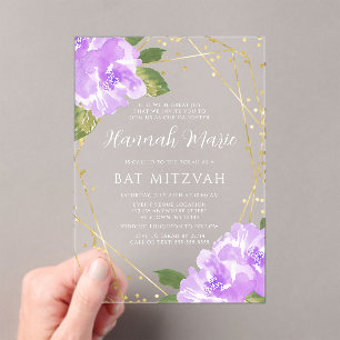 Lila Blütenfarbe Bat Mitzvah Acryleinladungen