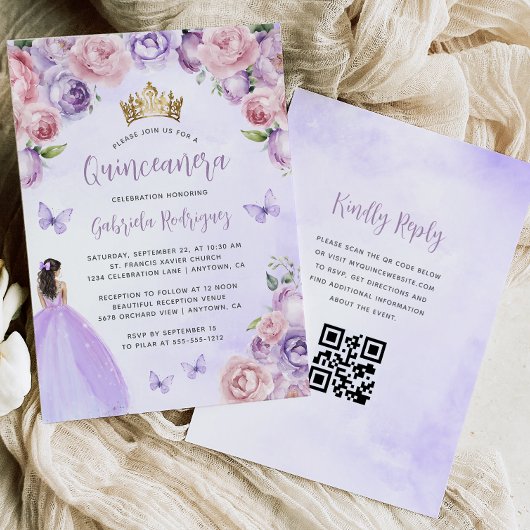 Lila Blütenfarbe Wasserfarbe QR Code Quinceañera Einladung
