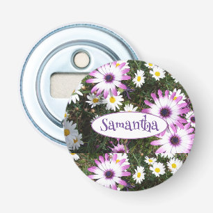 Lila Blütengarten mit weißer Daisy Blume Flaschenöffner