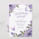 Lila Blütengeburt Geburtstag Einladung (Vorne/Hinten)